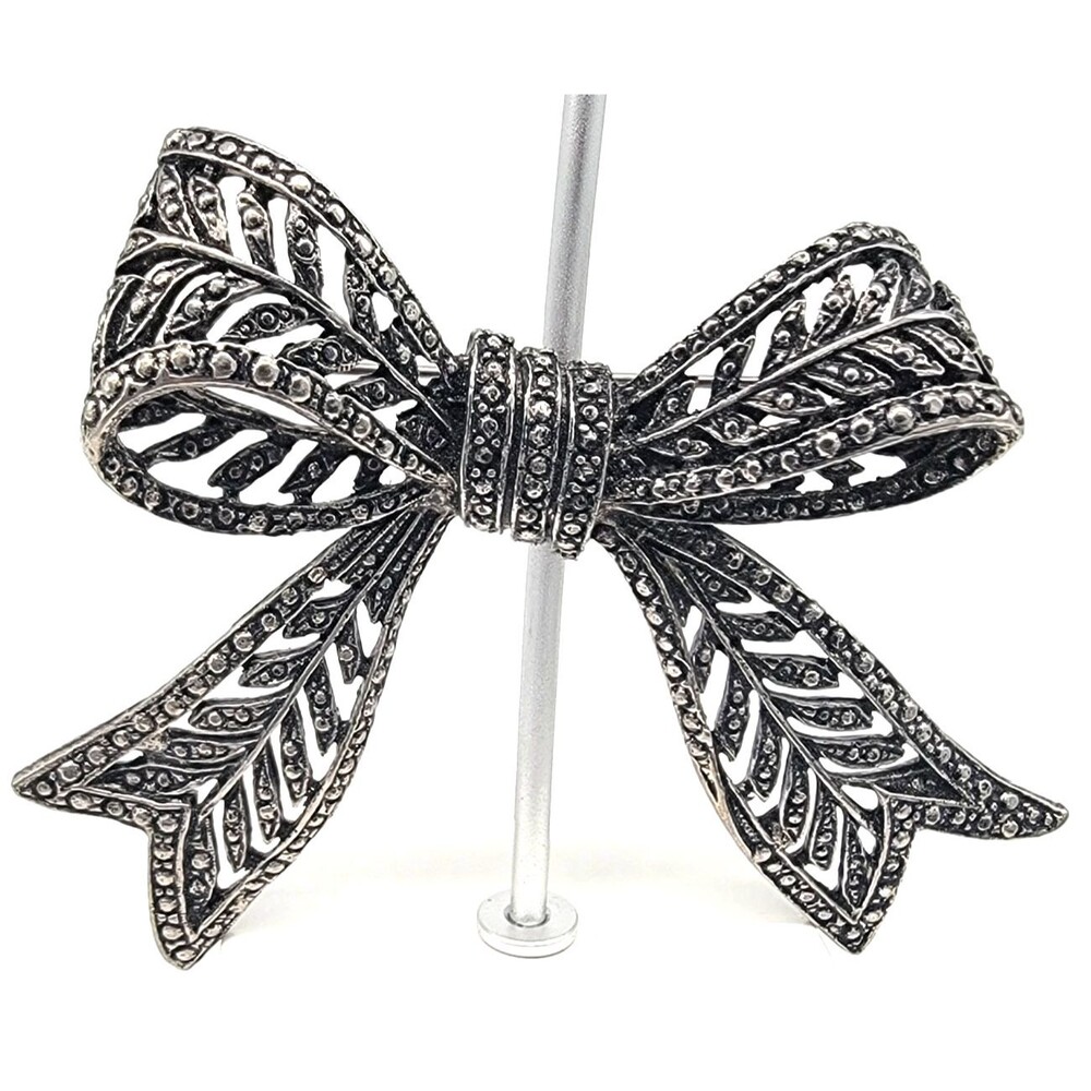 Bow Ribbon Brooch Pin Antique Silver Tone Metal Openwork Large Statement Vintage